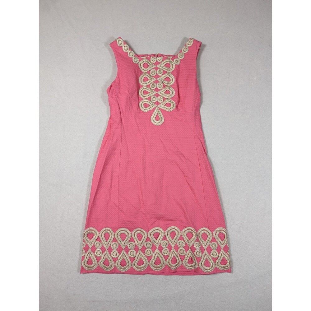 Lilly Pulitzer Adelson Shift Jacquard Dress Size 0 Embroidered Coral Pink Gold